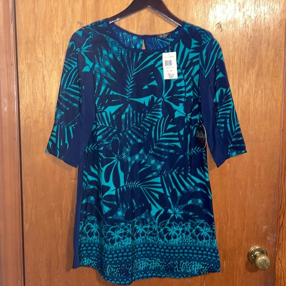 •BE BOP•NWT NAVY/TURQUOISE TROPICAL TAHITIAN PALM LEAVES SHIFT DRESS SIZE XS - Picture 3 of 8